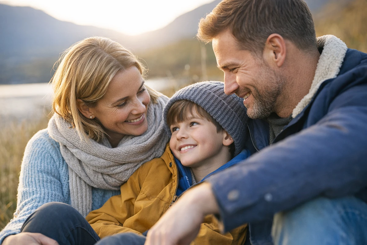 Fosterfamilie, 2 voksne og 1 barn.